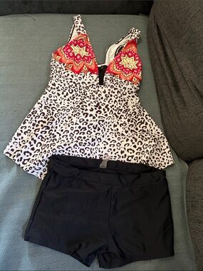 Women's Leopard Print Swim Camisole with Red Floral Accents